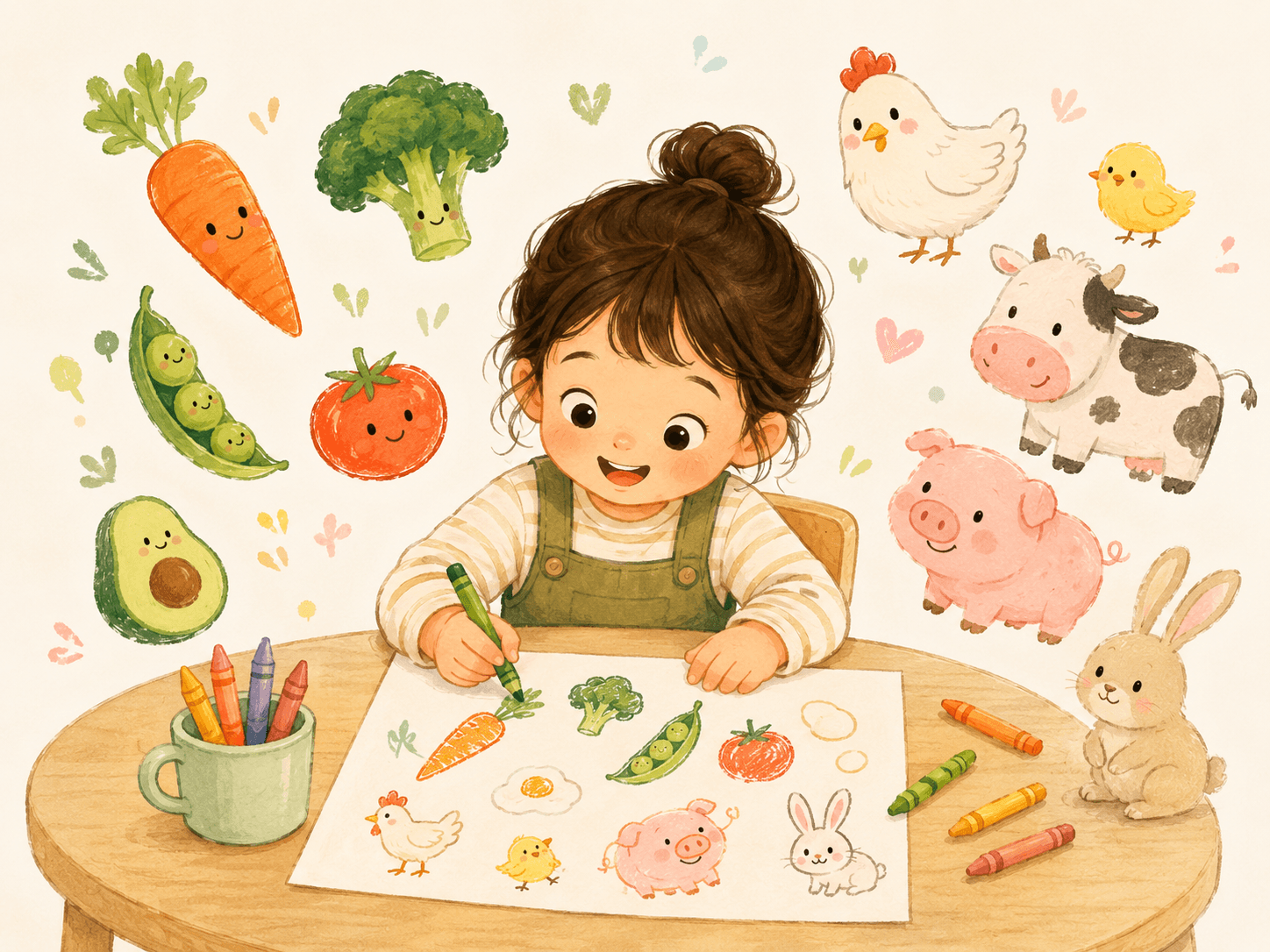 Happy toddler drawing the foods they've tried — carrots, broccoli, peas, and farm animals